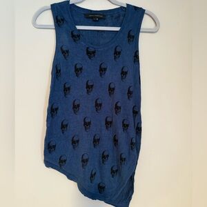 Skull Cashmere Blue Black Skull Print 100% Linen Tank Top Size Small S